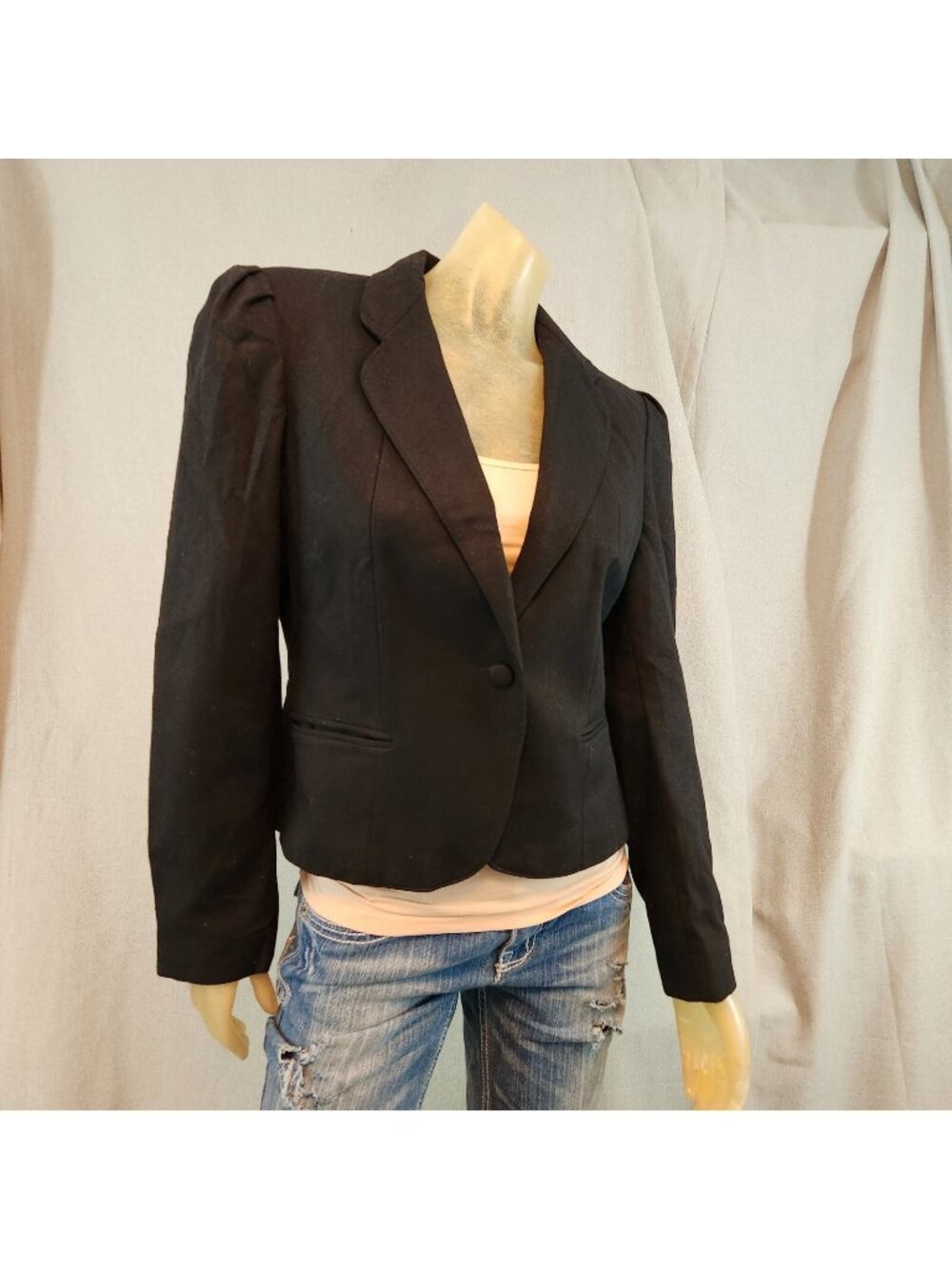 Vintage Me Mo Black 1 Button Puff Shloulder Long Slv Blazer Jacket Size 15 / 16